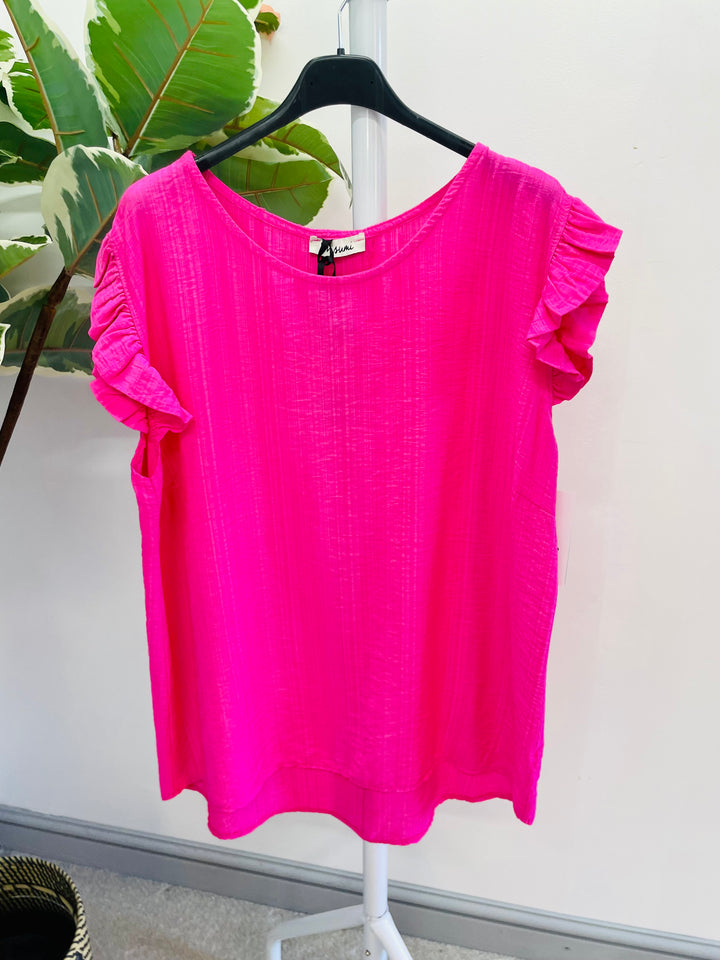 LADIES WOMENS FUSCHIA PINK CASUAL CAP SLEEVE TOP 