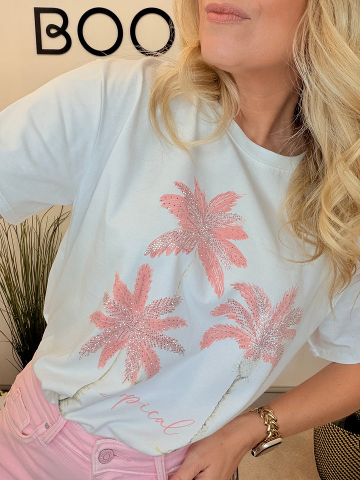 Ladies White Sparkly Tropical Print T Shirt - Navy, Blue, Pink, Khaki & Beige
