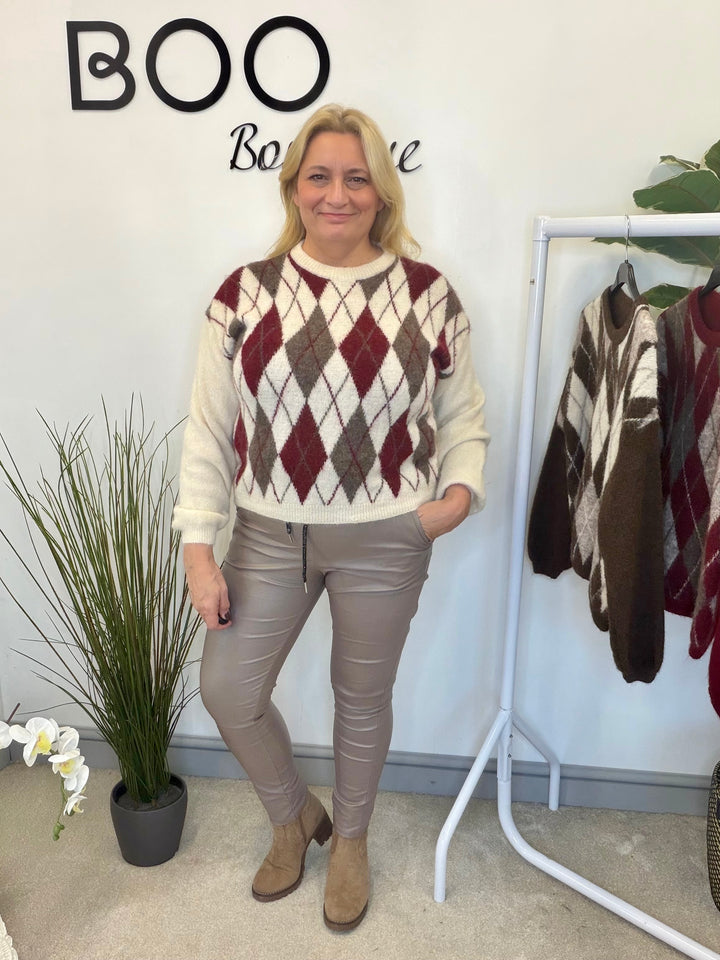LADIES FASHION ARGYLE KNIT JUMPER - BERRY, CREAM, BROWN, 