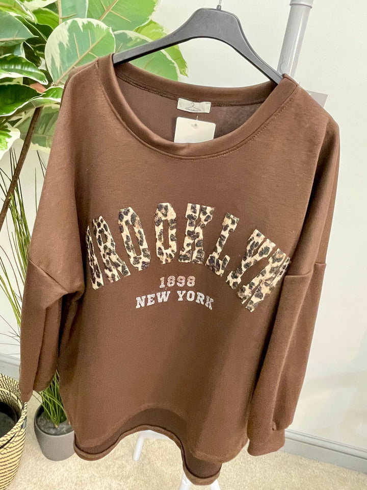 LADIES SCUBA LEOPARD SWEATSHIRT TOP - BLACK, BROWN & BEIGE