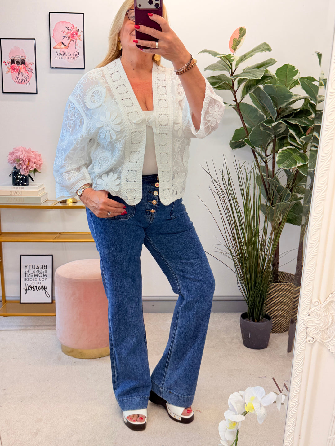 Ladies White Embroidered Bolero Kimono Cardigan
