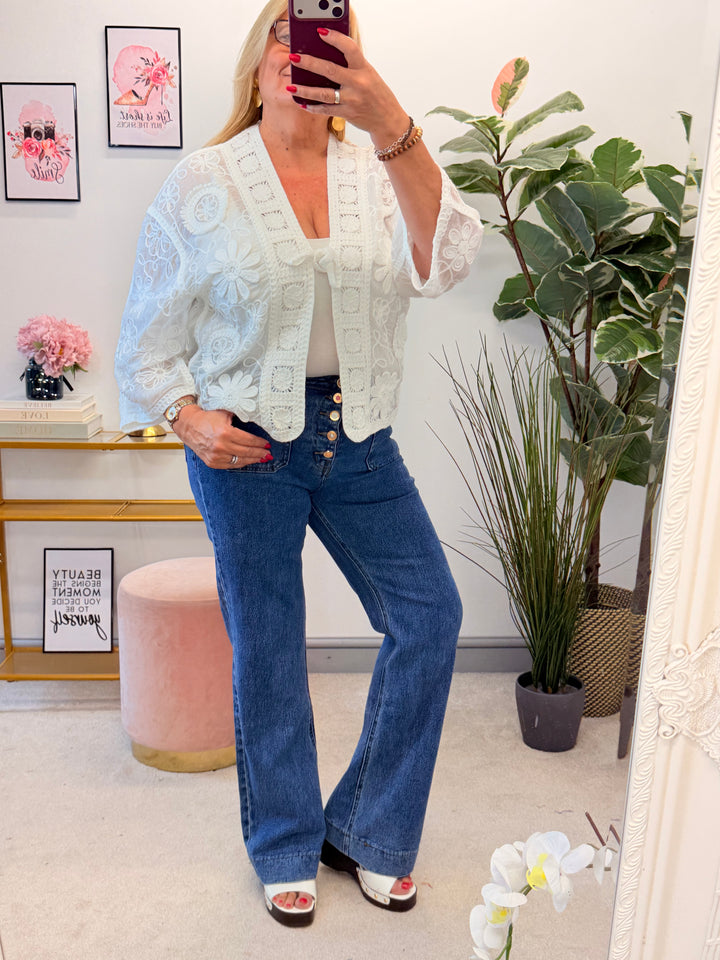 Ladies White Embroidered Bolero Kimono Cardigan