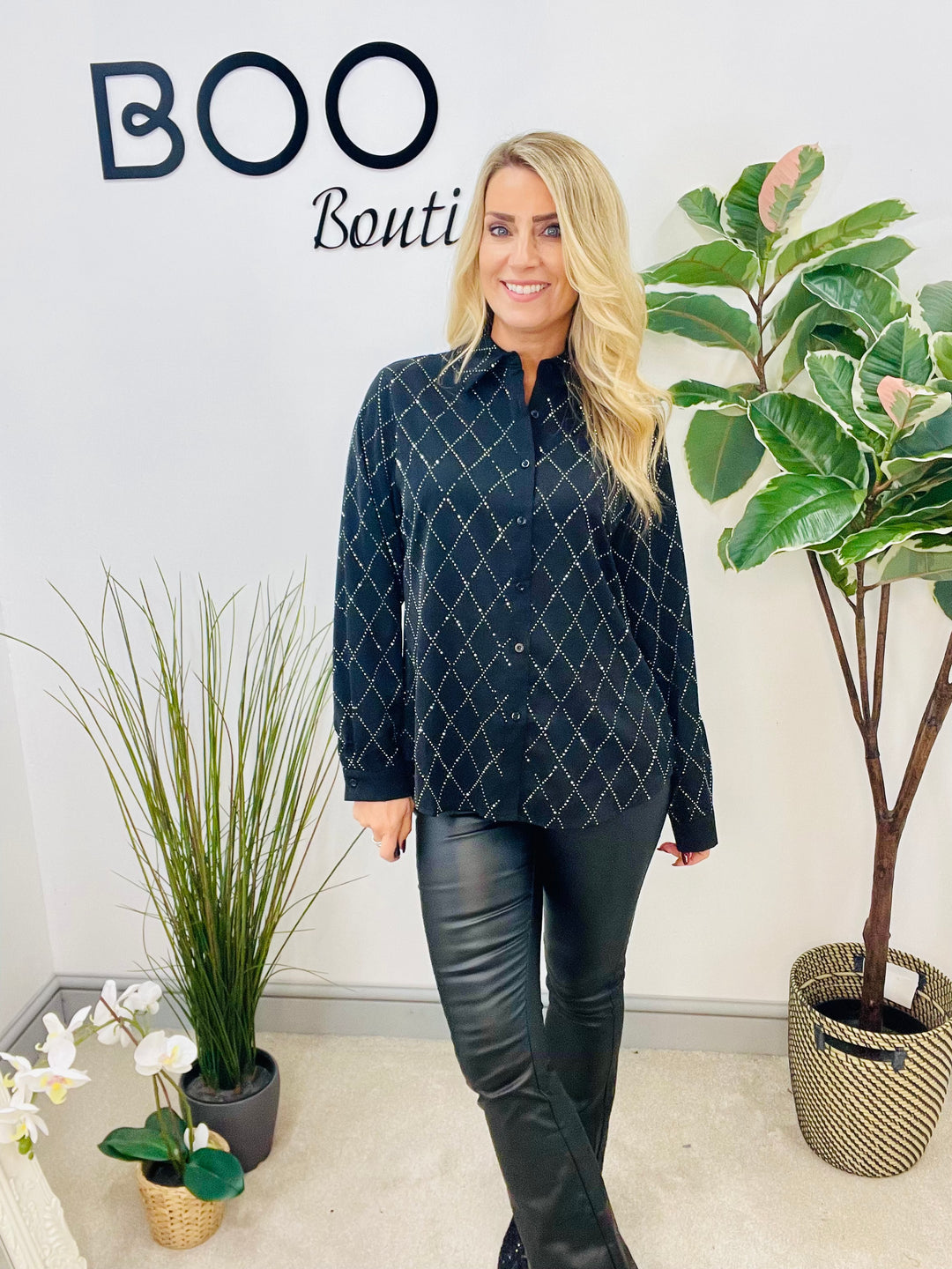 LADIES BLACK SPARKLY STUD SHIRT BLOUSE