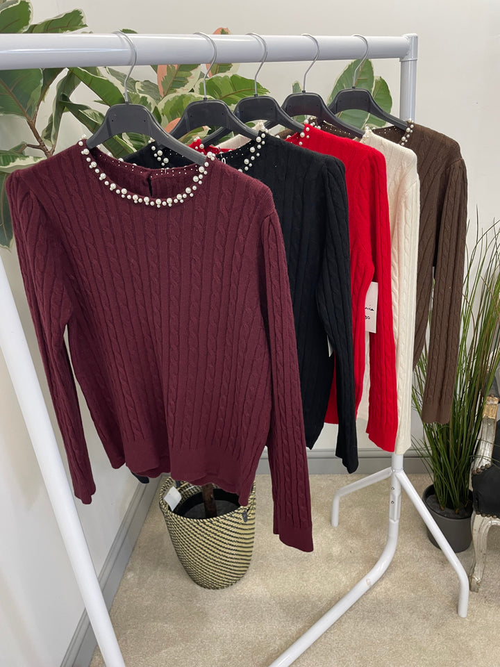LADIES CABLE KNIT PEARL NECK JUMPER - BERRY, CREAM, BLACK, RED, BROWN