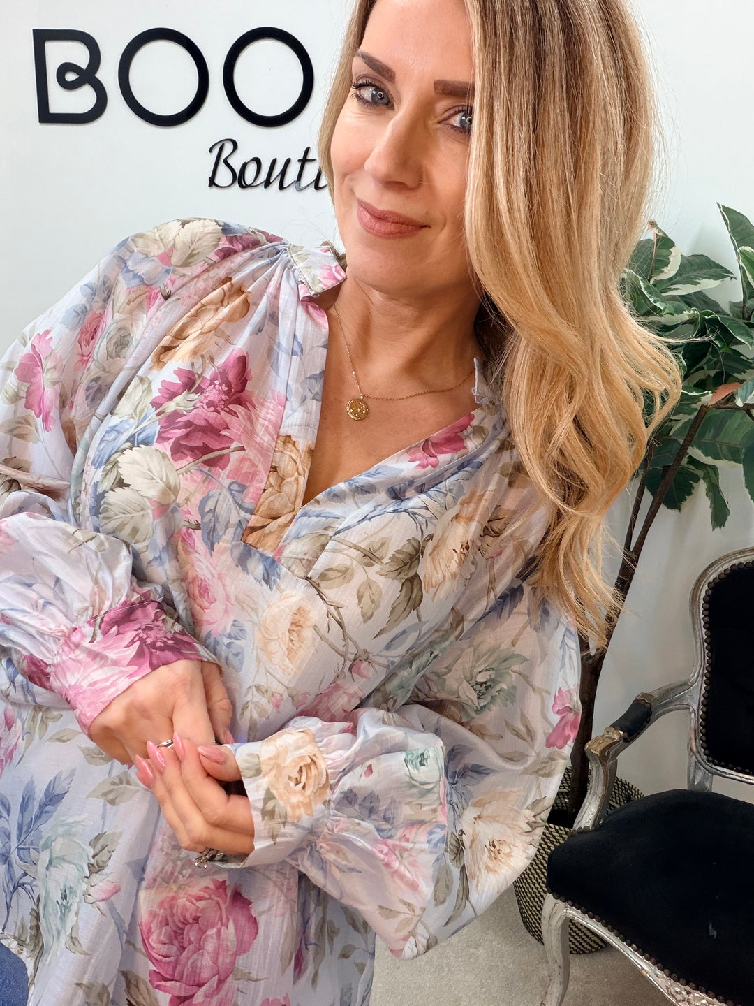 Ladies Fashion Pretty Floral Print Blouse - Pink, White & Blue