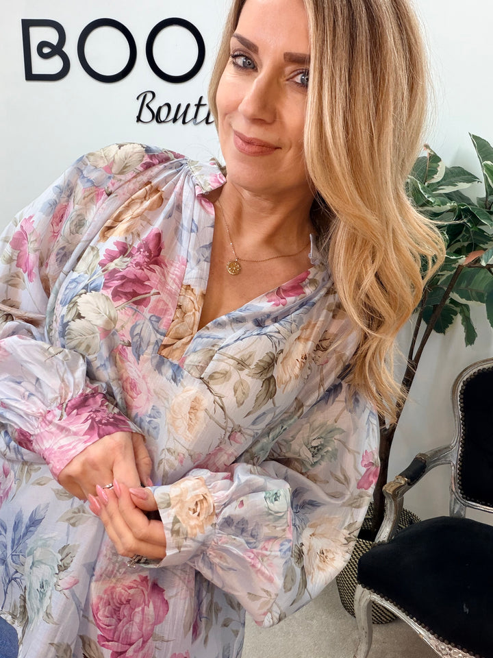 Ladies Fashion Pretty Floral Print Blouse - Pink, White & Blue