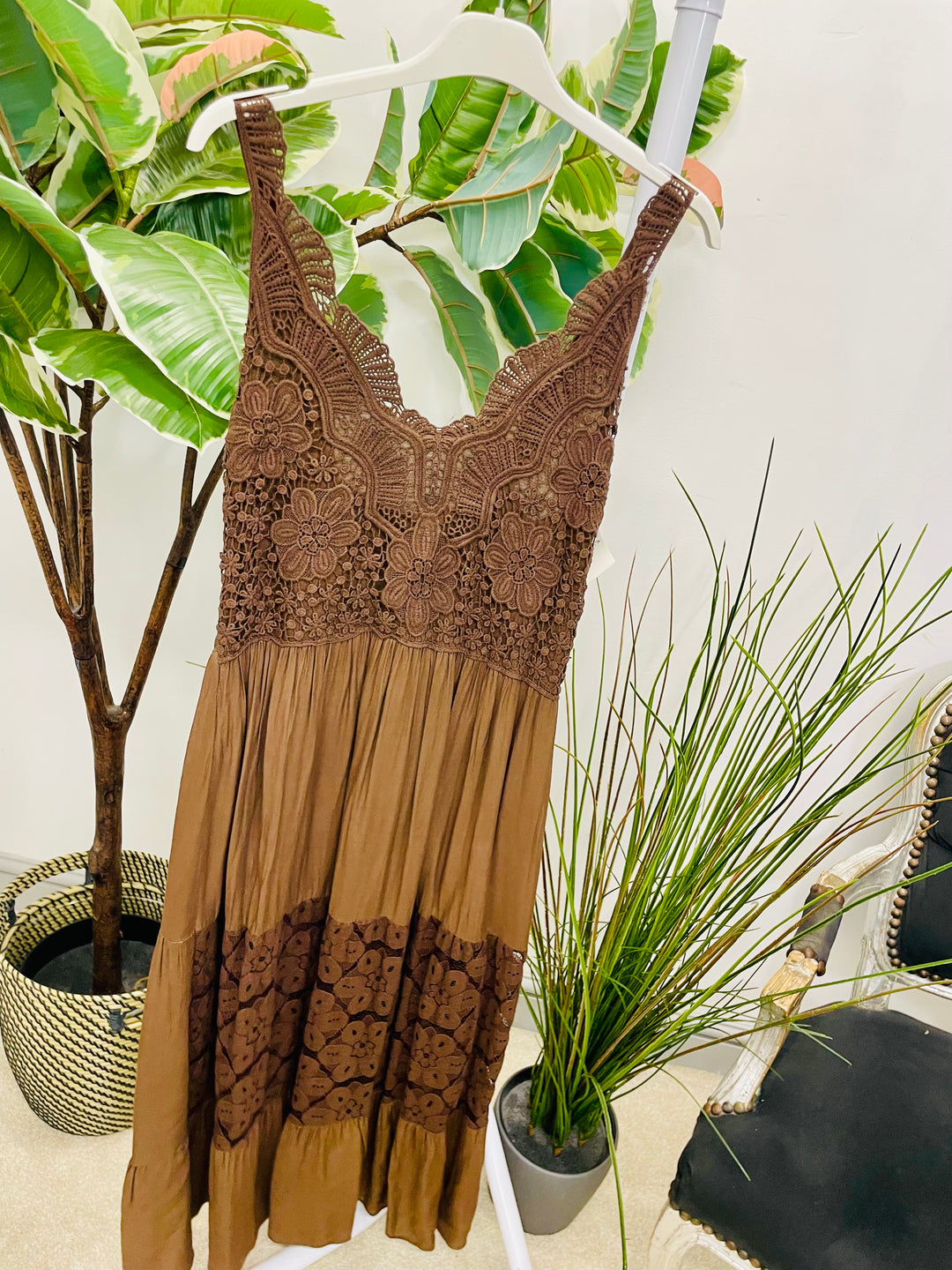 LADIES CROCHET BOHO FEMININE PRETTY SUMMER DRESS - BEIGE, WHITE & BROWN