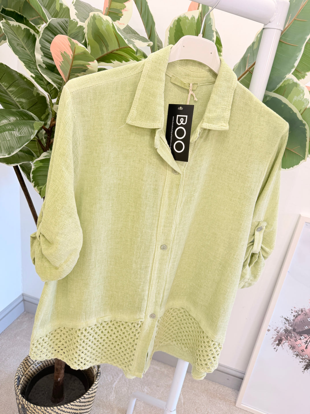 Ladies Teabag Linen Crochet Shirt Top lime