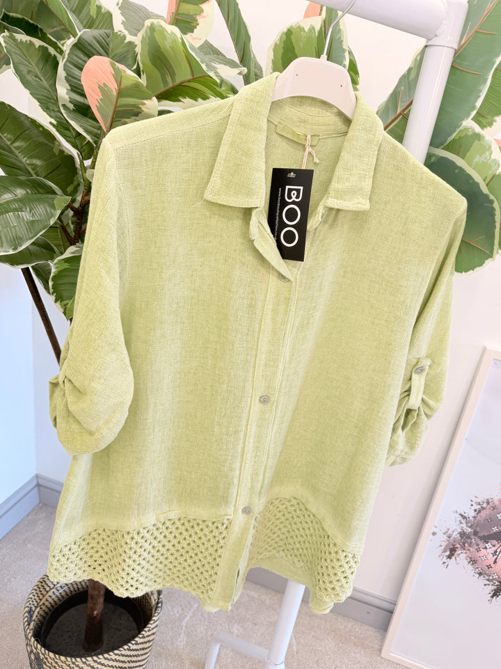 Ladies Teabag Linen Crochet Shirt Top lime