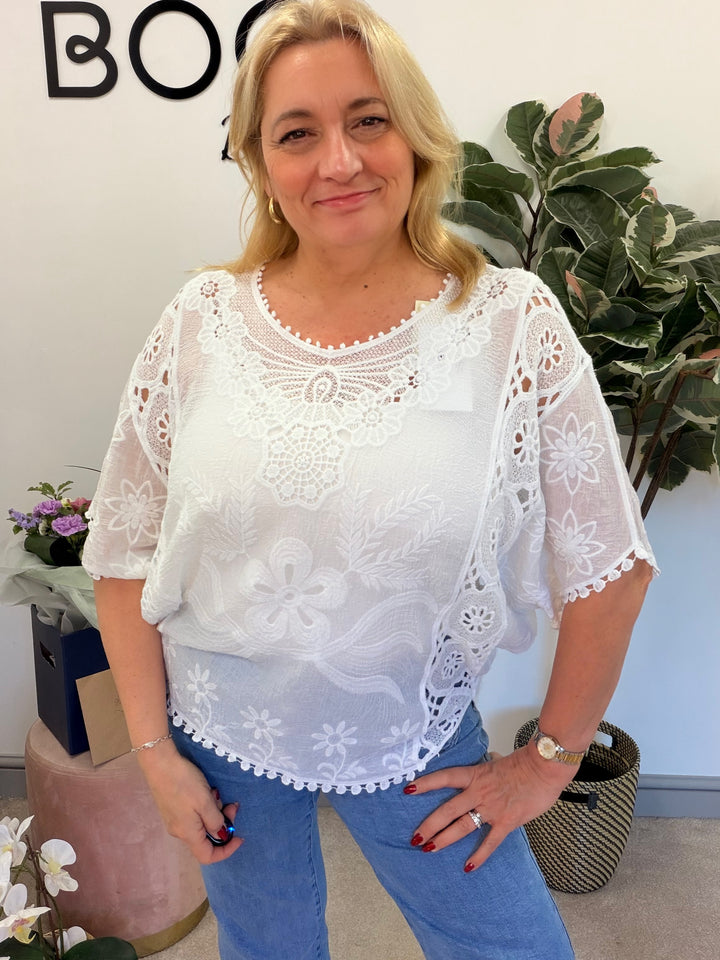 Ladies Fashion Pretty Crochet Lace Top - white & pink