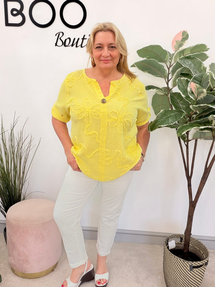 Ladies Fashion Cheesecloth Grandad Top - lemon, white, pink, navy