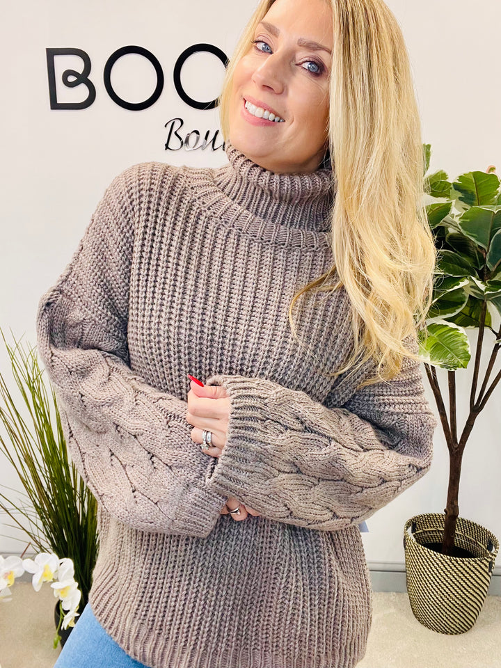 LADIES FISHERMANS CHUNKY KNIT ROLL NECK JUMPER - CREAM, MOCHA, BLACK