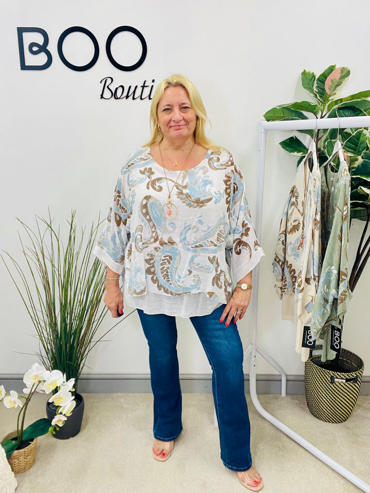 LADIES PAISLEY PRINT LINEN LOOSE FIT TOP - WHITE, BEIGE & KHAKI