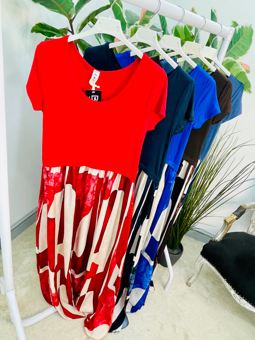 LADIES ABSTRACT PRINT T SHIRT DRESS - BLUE, NAVY, DENIM, RED & BROWN