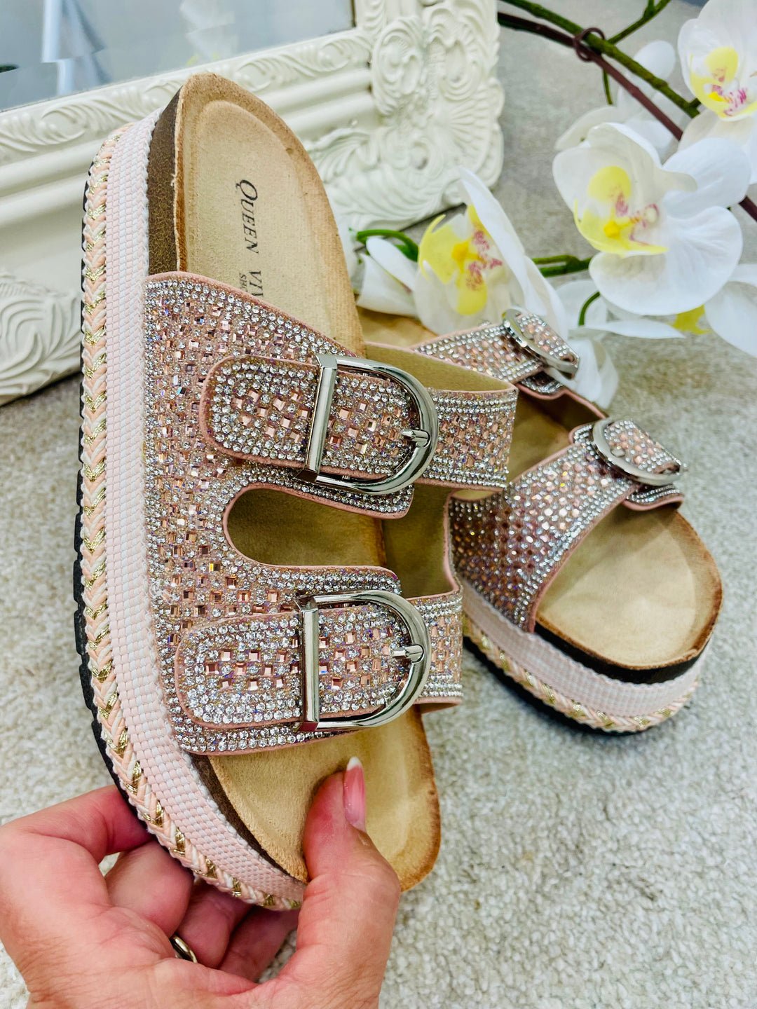 LADIES SPARKLY CHAMPAGNE ROSE GOLD FLATFORM SLIDERS sizes 3 to 8