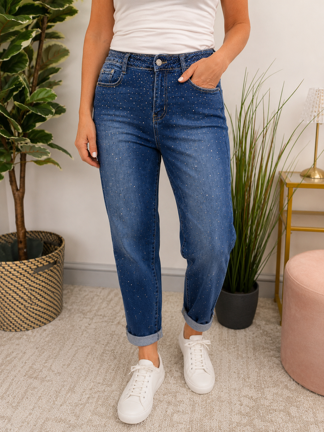 Ladies Fashion Diamante Mom Fit Blue Denim Jeans