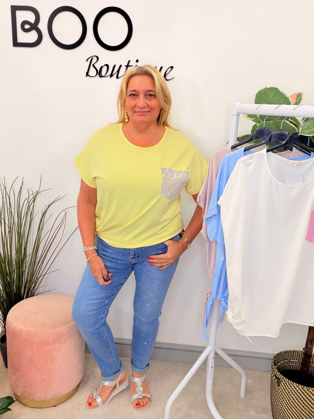 Ladies Fashion Diamante Pocket Loose Fit T Shirt - Lemon, White, Blue & Pink
