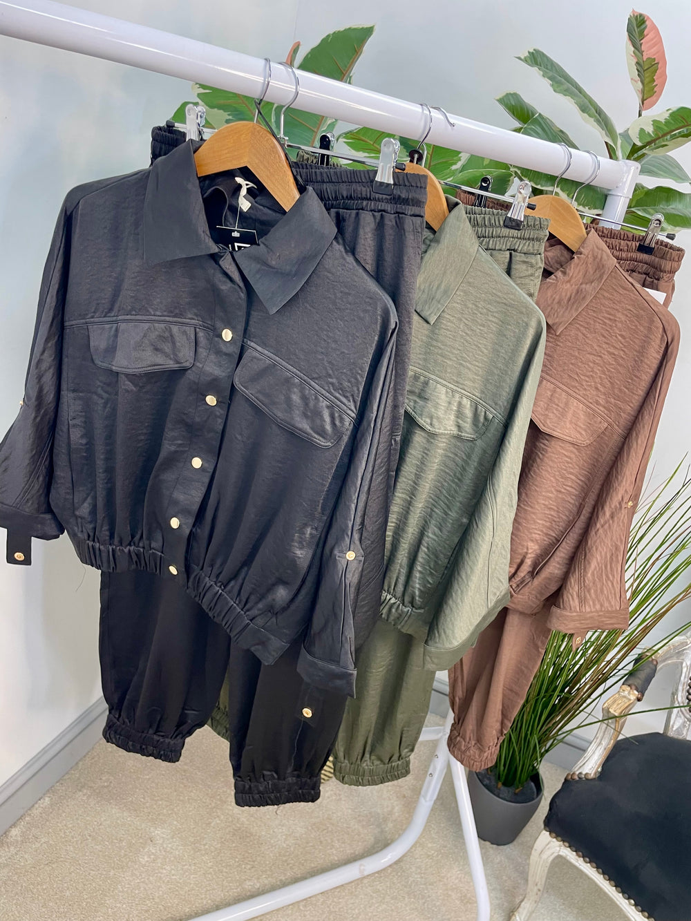 LADIES SATIN BOMBER JACKET JOGGER LEG CO ORD - KHAKI, BLACK & BROWN