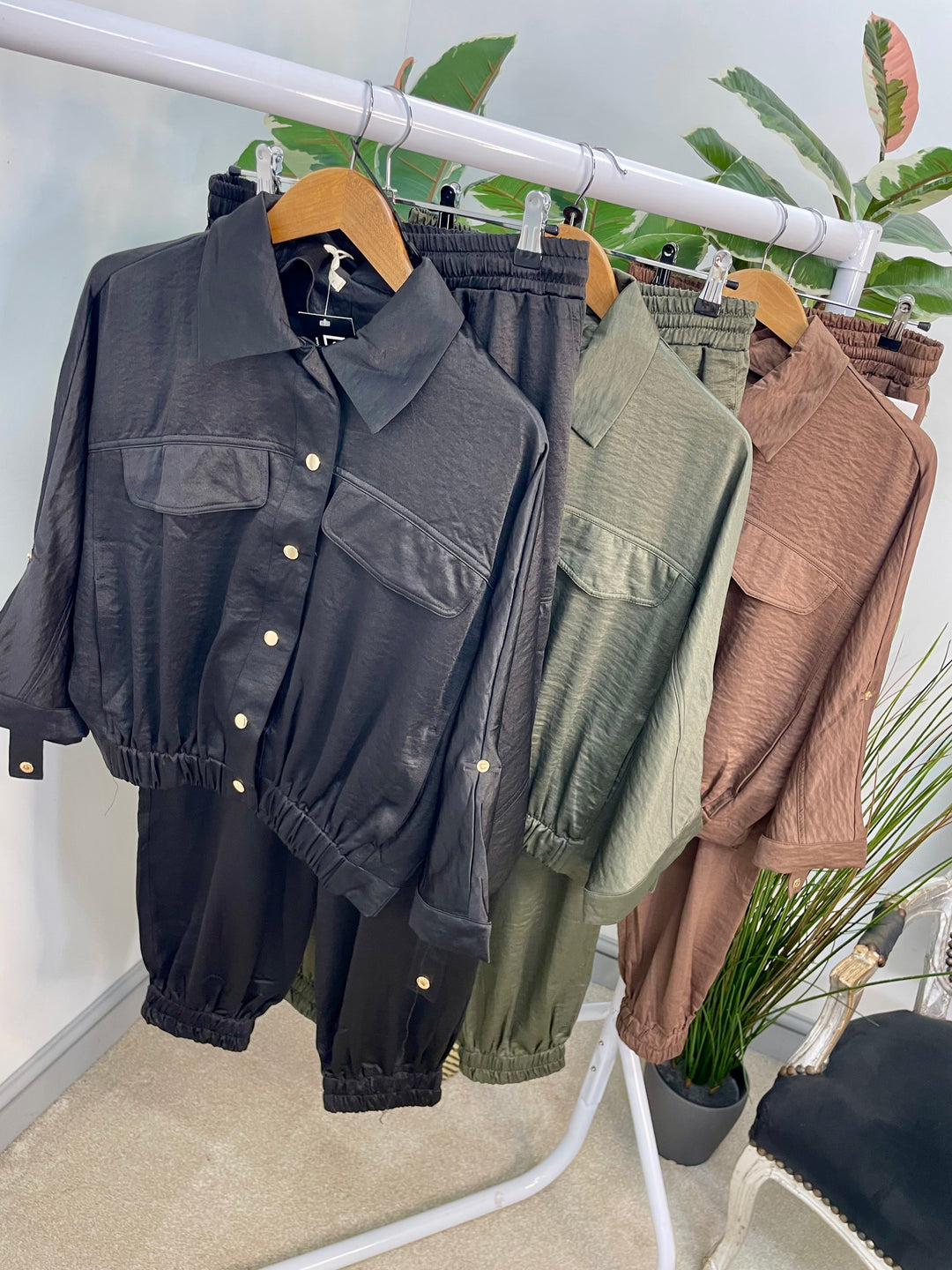 LADIES SATIN BOMBER JACKET JOGGER LEG CO ORD - KHAKI, BLACK & BROWN
