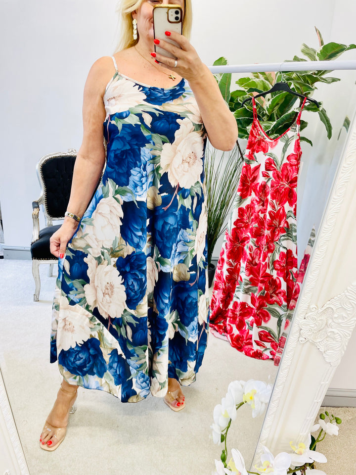 LADIES SATIN FLORAL PRINT SUMMER MAXI DRESS - RED & NAVY