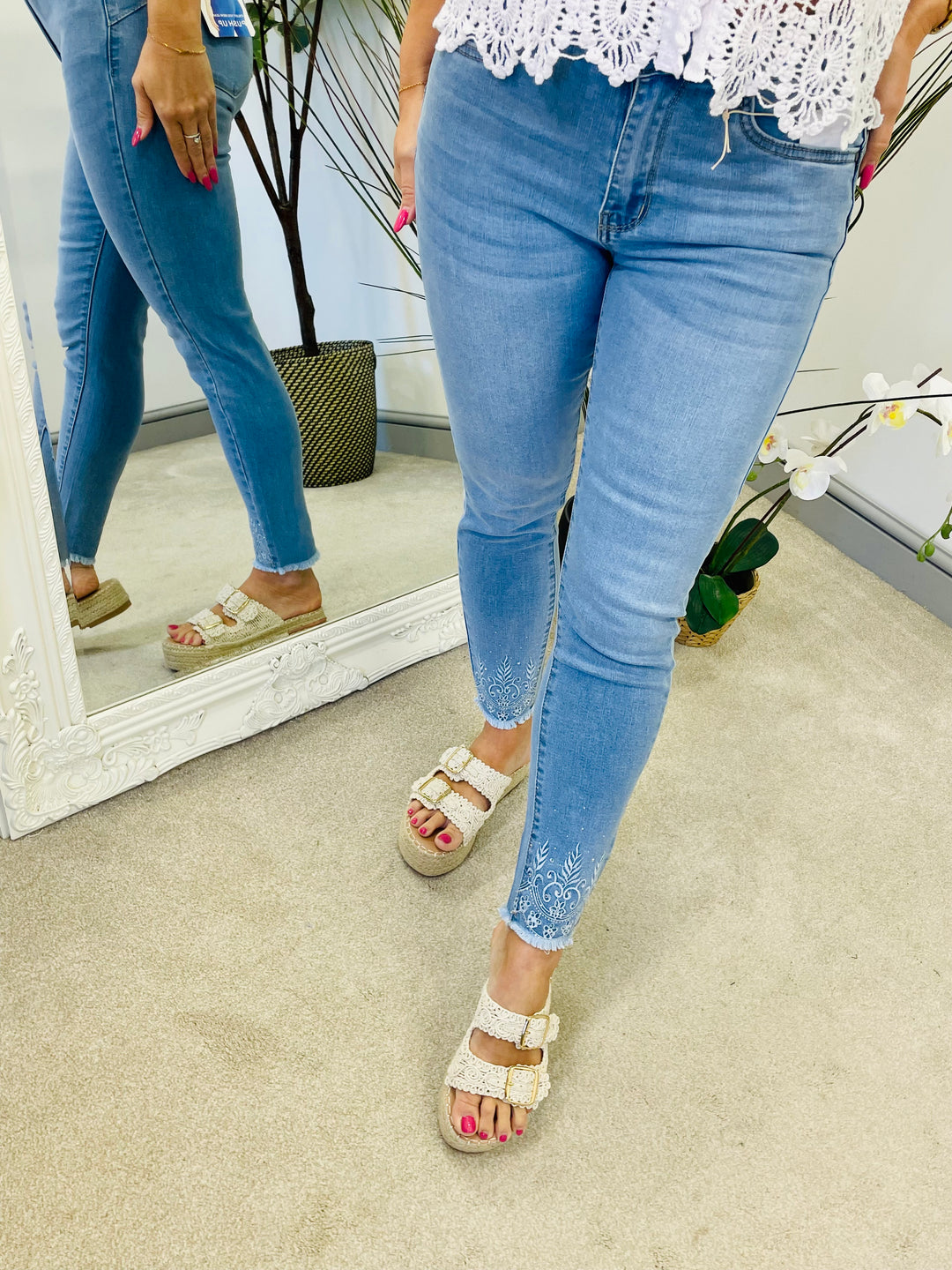 LADIES WOMENS BLUE DENIM SKINNY EMBELLISHED ANKLE JEANS