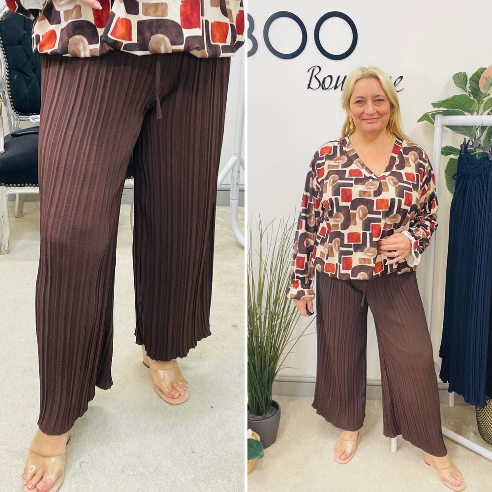 LADIES CHIFFON PLEATED CULLOTTE TROUSERS - BLACK, NAVY, BROWN