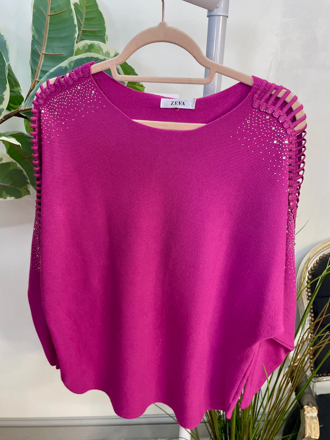 LADIES DIAMANTE BATWING JUMPER MAUVE MAGENTA