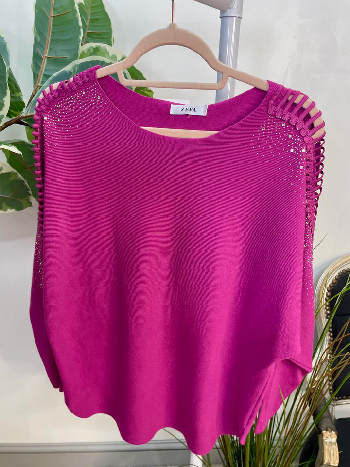 LADIES DIAMANTE BATWING JUMPER MAUVE MAGENTA
