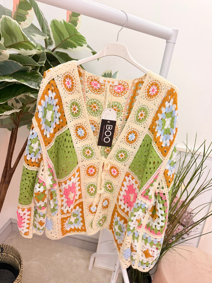 Ladies Fashion Retro Colourful Patchwork Crochet Cardigan Jacket