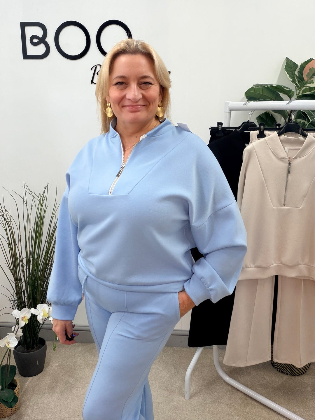 LADIES FASHION STRAIGHT LEG TROUSER CO ORD SET - BLUE, BEIGE & BLACK