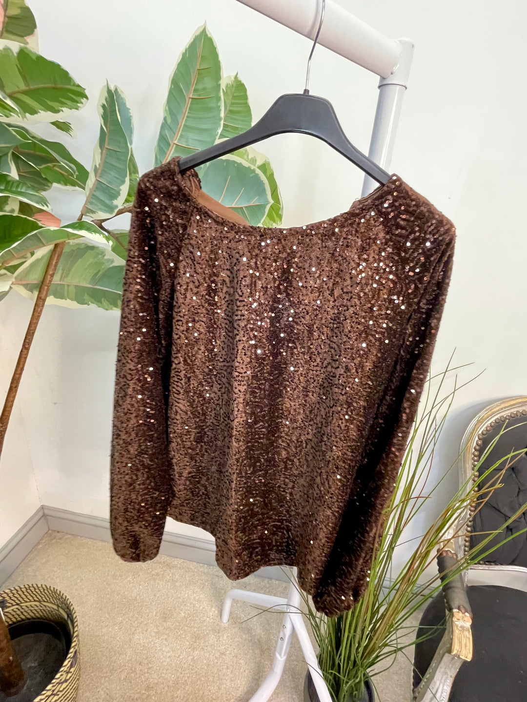 LADIES SEQUIN BOW BACK PARTY TOP - BROWN, BLACK, NAVY, BERRY & SILVER