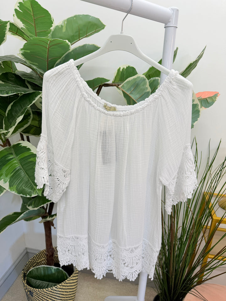 Ladies White Lacy Bardot Summer Top