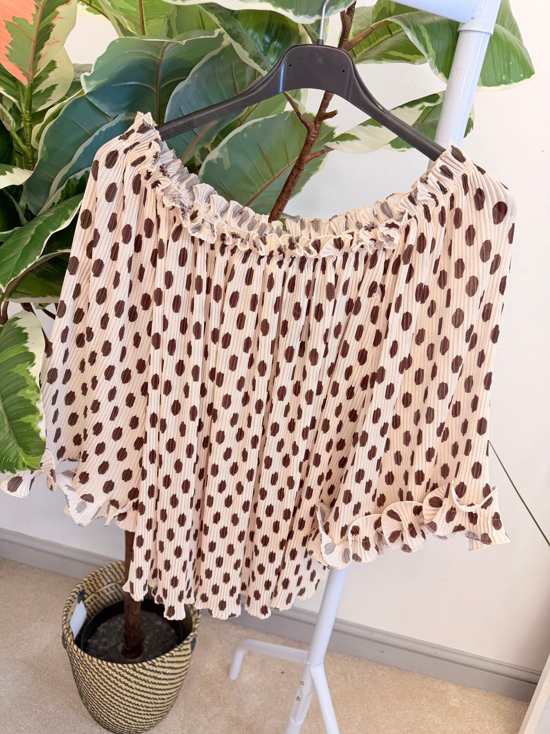Ladies Pleated Polka Dot Bardot Top - White, Black, Navy & Beige
