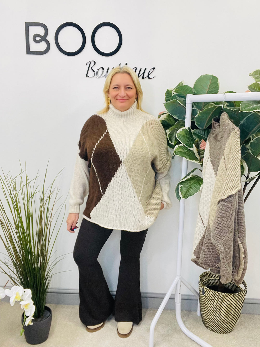 LADIES ARGYLE KNIT OVERSIZE JUMPER - CREAMS, BROWN, BEIGE