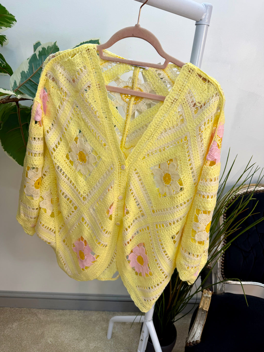 Ladies Fashion Crochet Shrug Cardigan - lemon, blue & pink