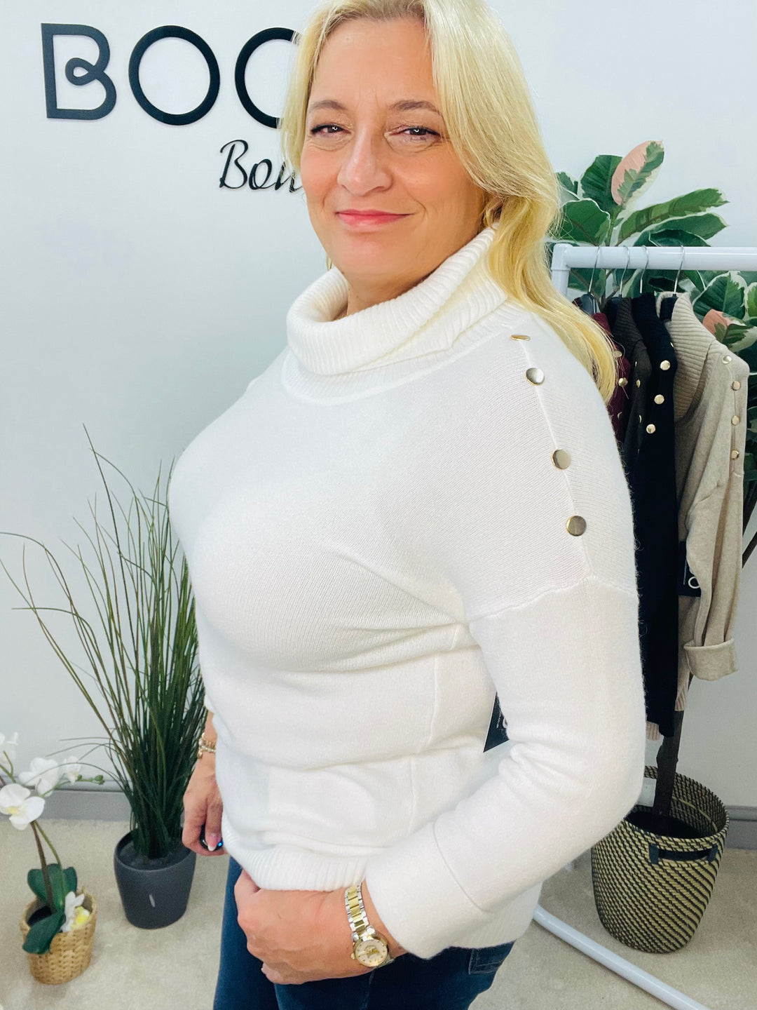 LADIES SOFT KNIT ROLL NECK JUMPER - WHITE, BLACK, BURGUNDY, BROWN & BEIGE