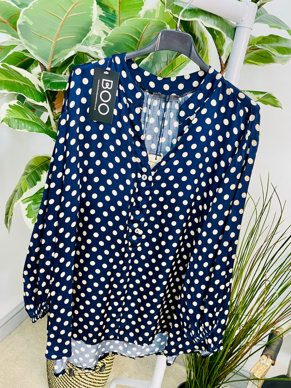 LADIES POLKA DOT SATIN BLOUSE SHIRT - NAVY, BROWN & BLACK