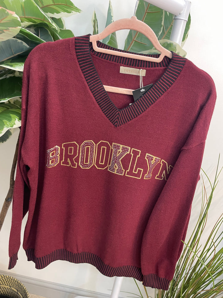 LADIES DIAMANTE SOFT KNIT JUMPER - BURGUNDY, BROWN, BLACK & BEIGE