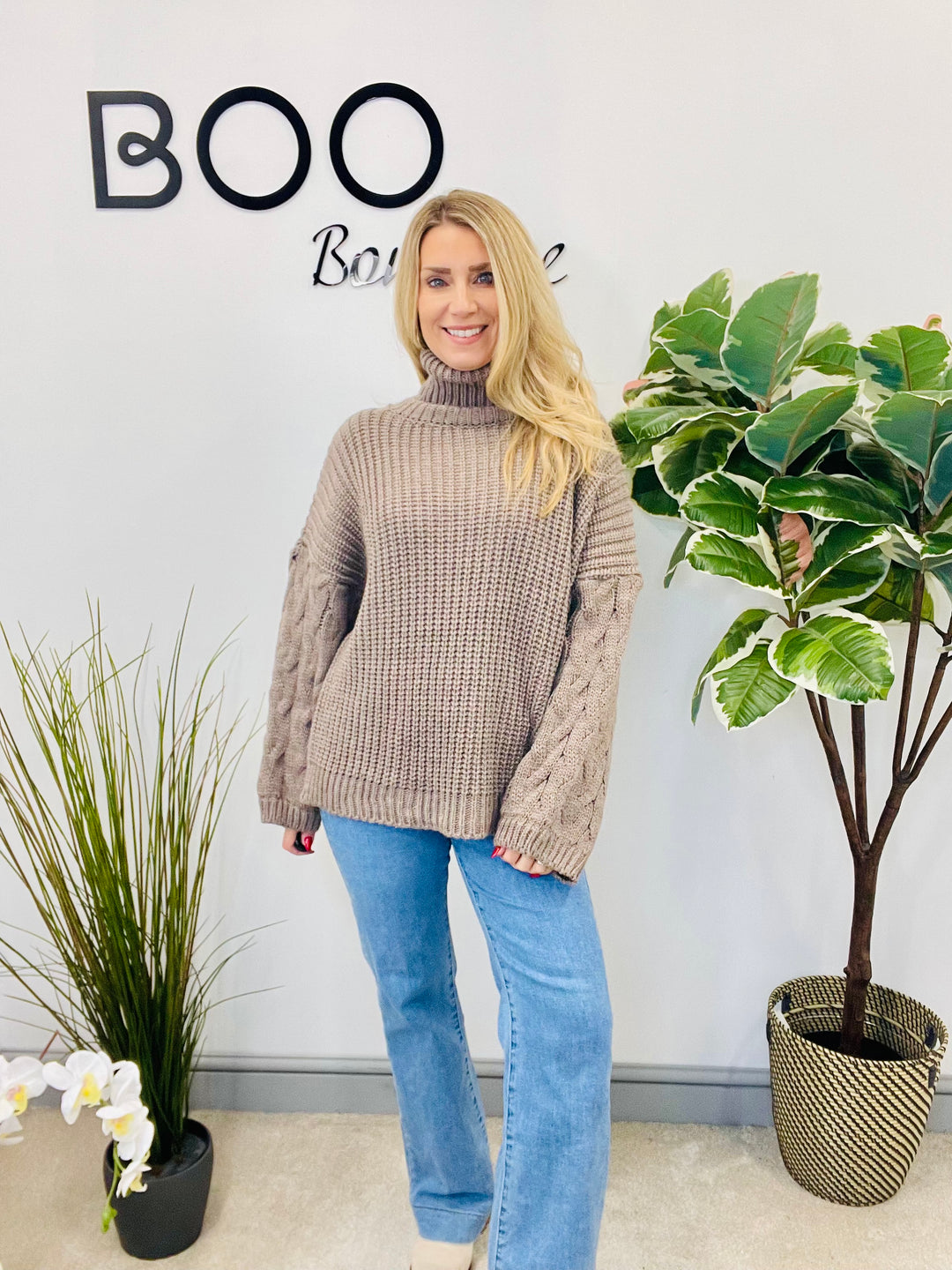 LADIES FISHERMANS CHUNKY KNIT ROLL NECK JUMPER - CREAM, MOCHA, BLACK