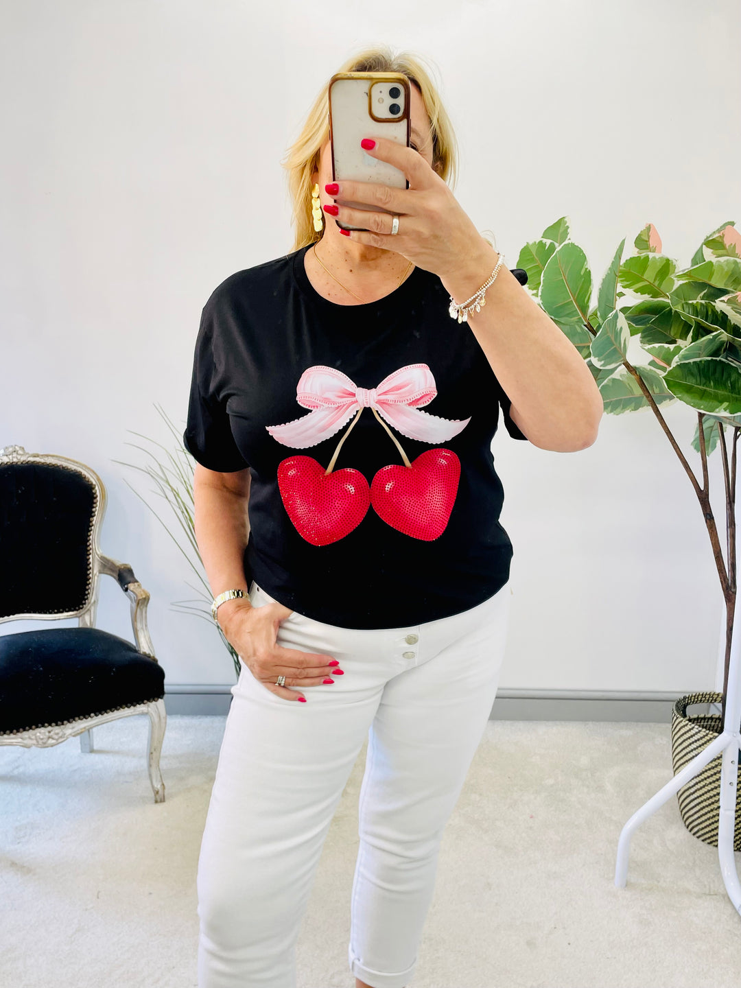 LADIES BLACK CHERRY LOGO DIAMANTE T TEE SHIRT