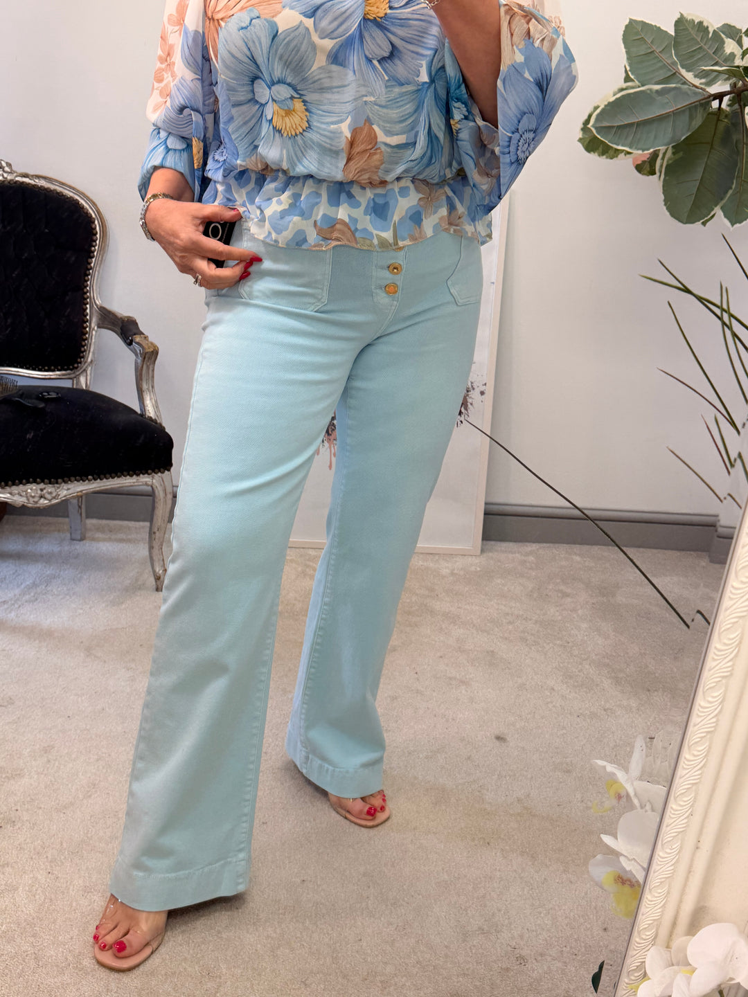 LADIES FASHION PALE BABY BLUE HIGH WAIST WIDE LEG JEANS