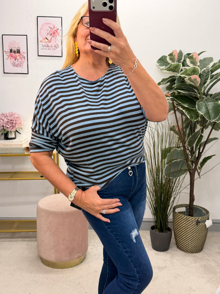 Ladies Fashion Soft Knit Stripe Top - Chocolate, Lime, Blue & Burgundy