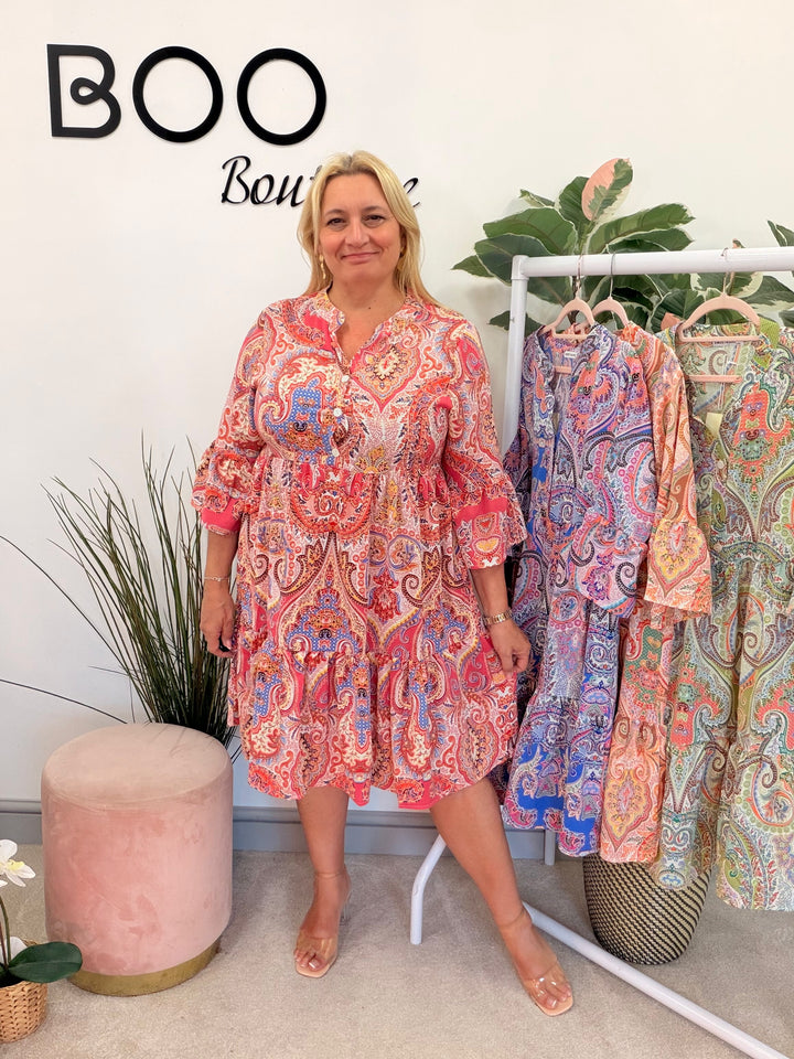 Ladies Paisley Print Smock Summer Dress - green, blue, pink, orange