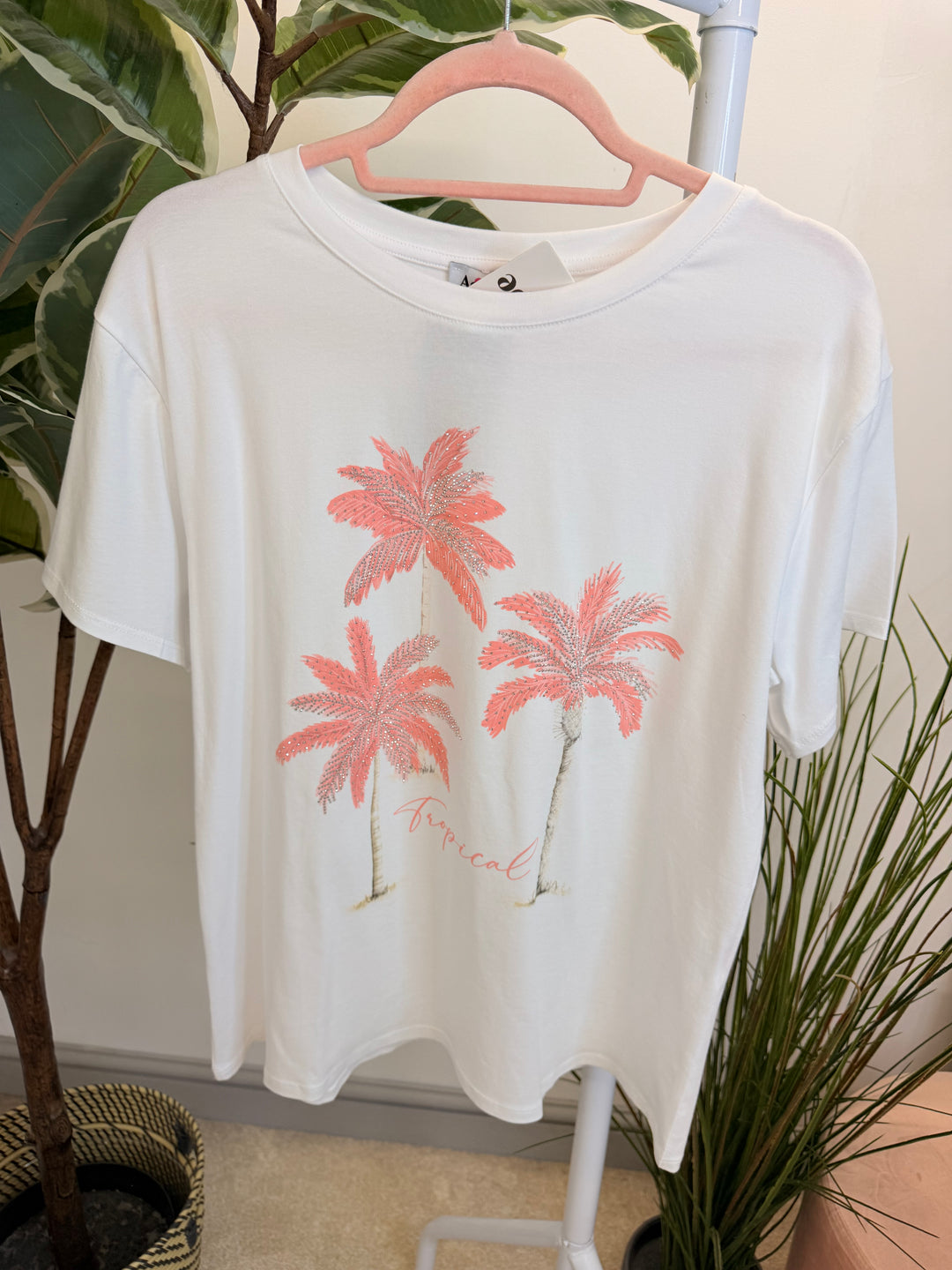Ladies White Sparkly Tropical Print T Shirt - Navy, Blue, Pink, Khaki & Beige