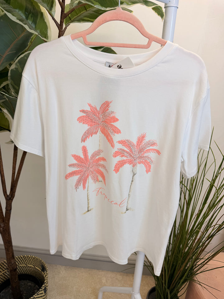 Ladies White Sparkly Tropical Print T Shirt - Navy, Blue, Pink, Khaki & Beige