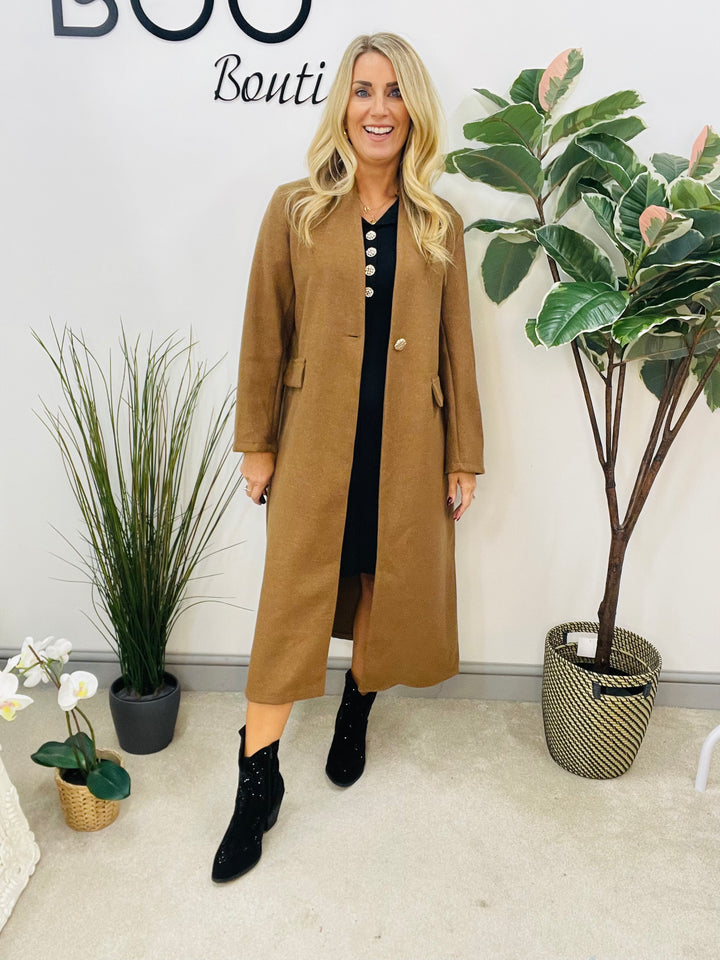 LADIES V NECK DUSTER COAT - CAMEL, CHARCOAL BLACK & GREY