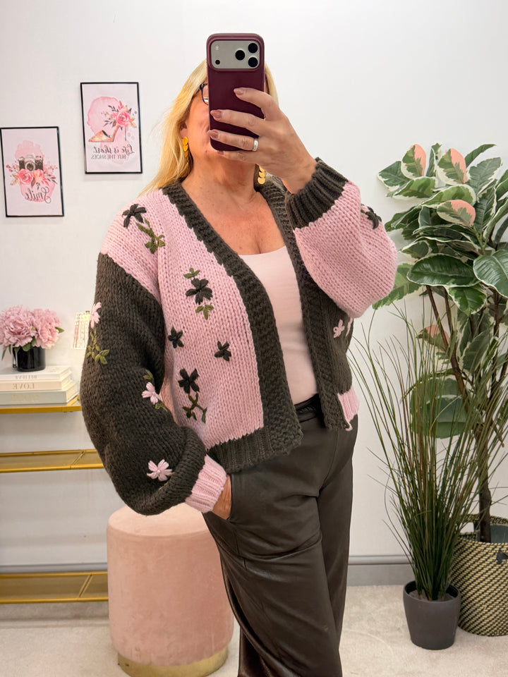 Ladies Fashion Pink & Brown Chunky Knit Cardigan