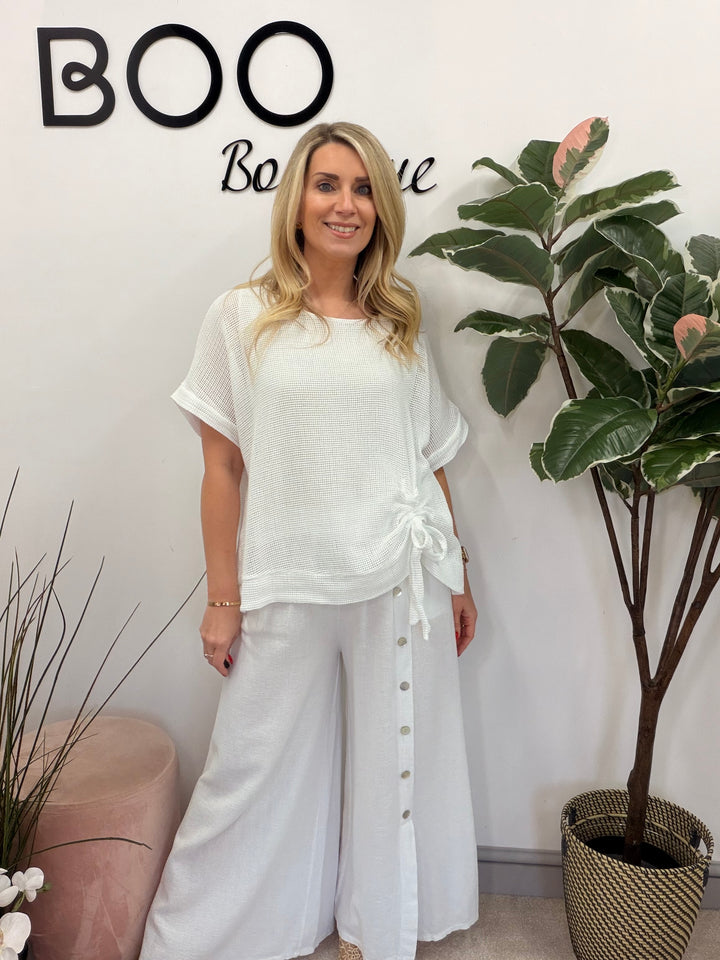 Ladies Fashion Teabag Linen Short Sleeve Top white