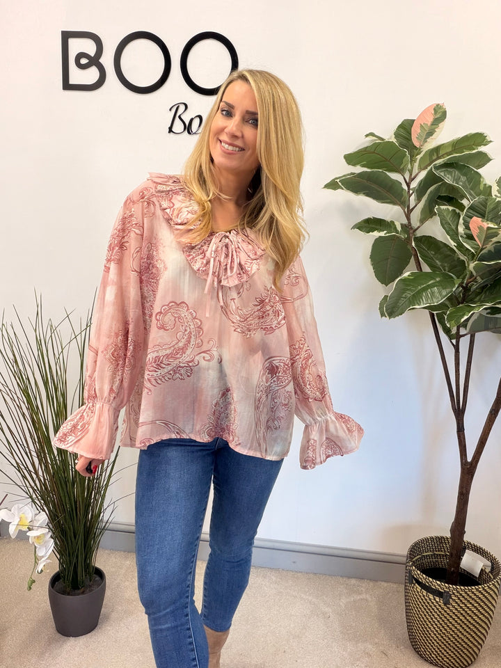 LADIES COTTON PAISLEY PRINT FLOATY BLOUSE - PINK, BEIGE, BLUE, BLACK, MOCHA