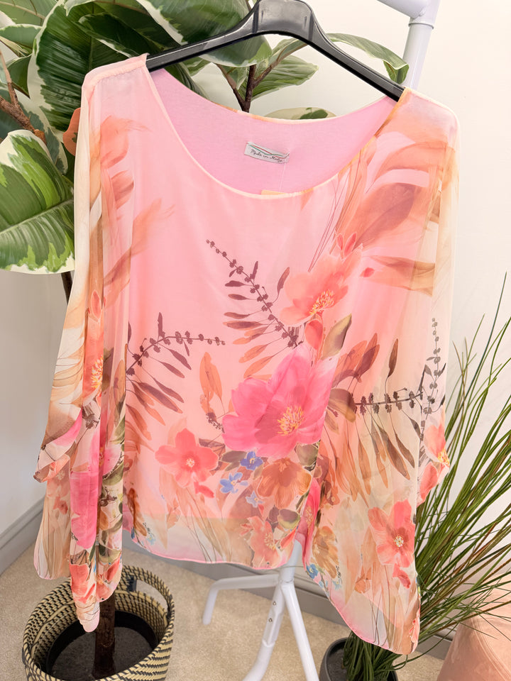 Ladies Flower Print Silky Floaty Summer Top - Pink & Blue
